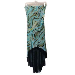 Vintage 90 s High - Low Dress Ruffle Strapless Swirl Print Women's Size L Fairy